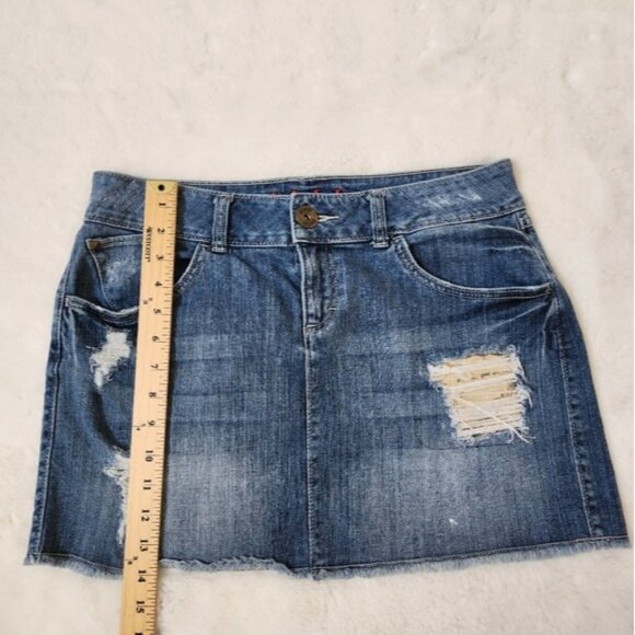 Elle Womens Stretch Blue Denim Mini Skirt Distressed Gold Sequin Detail - Picture 6 of 9